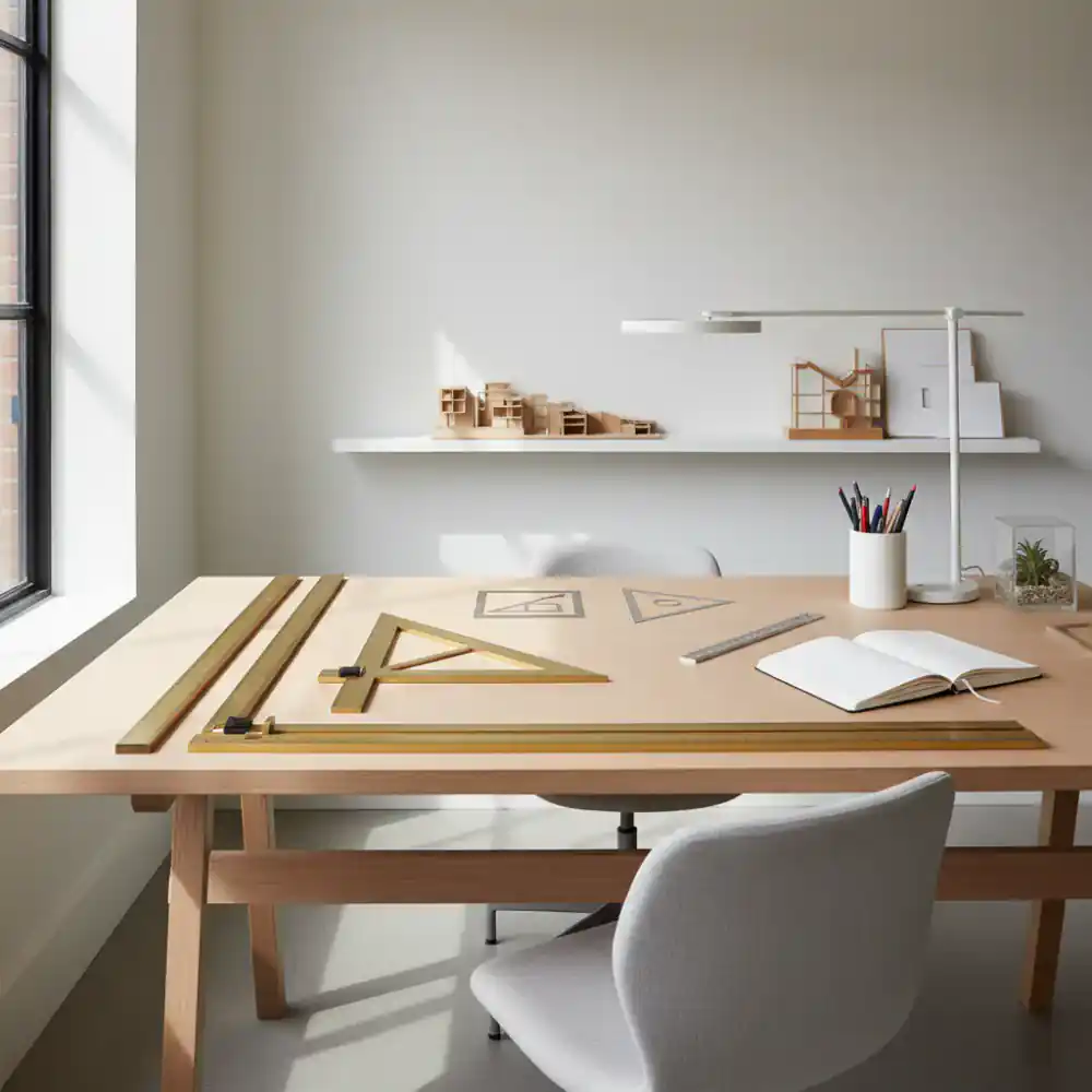 Minimalist design workspace with drafting tools