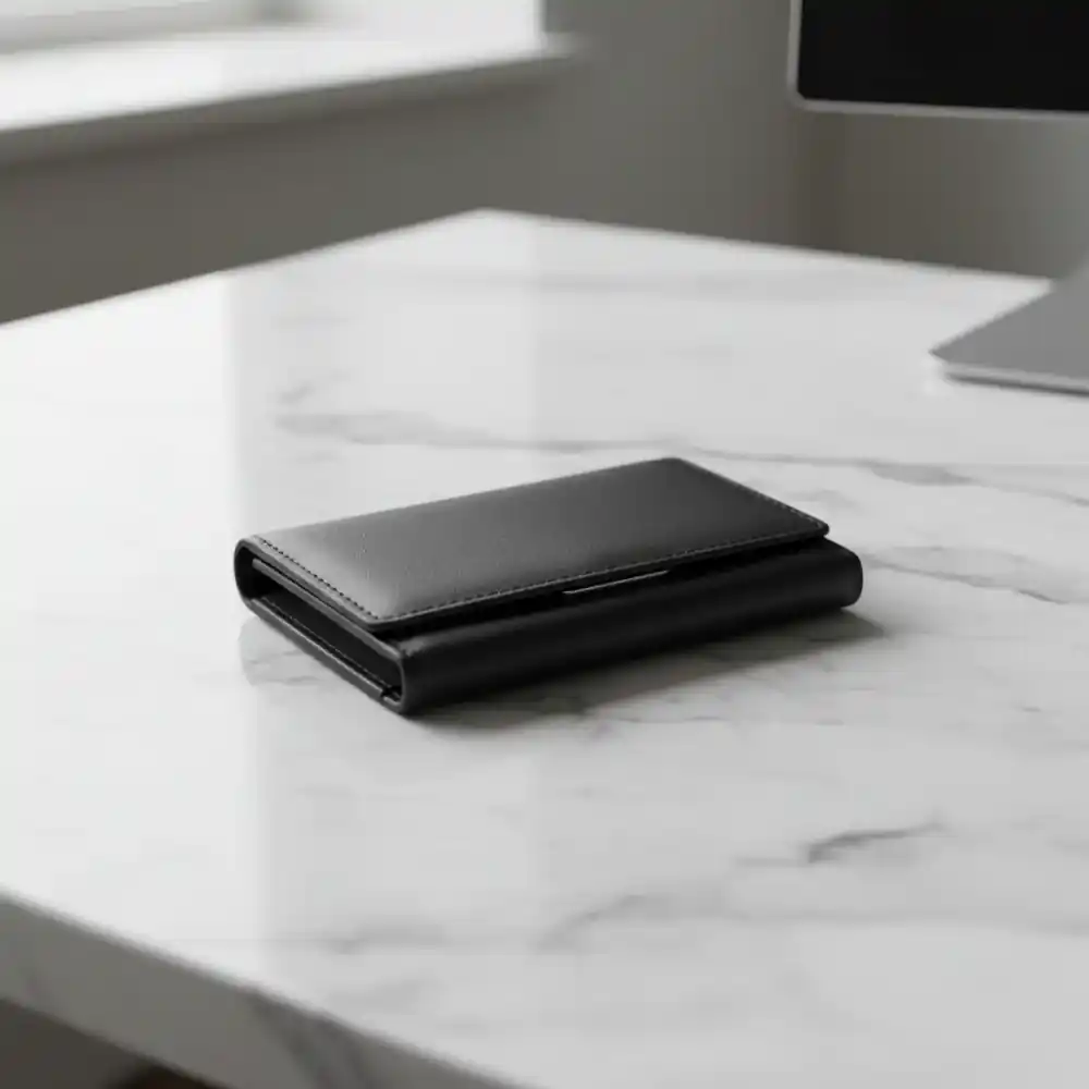 Sleek magnetic wallet on a minimalist marble surface