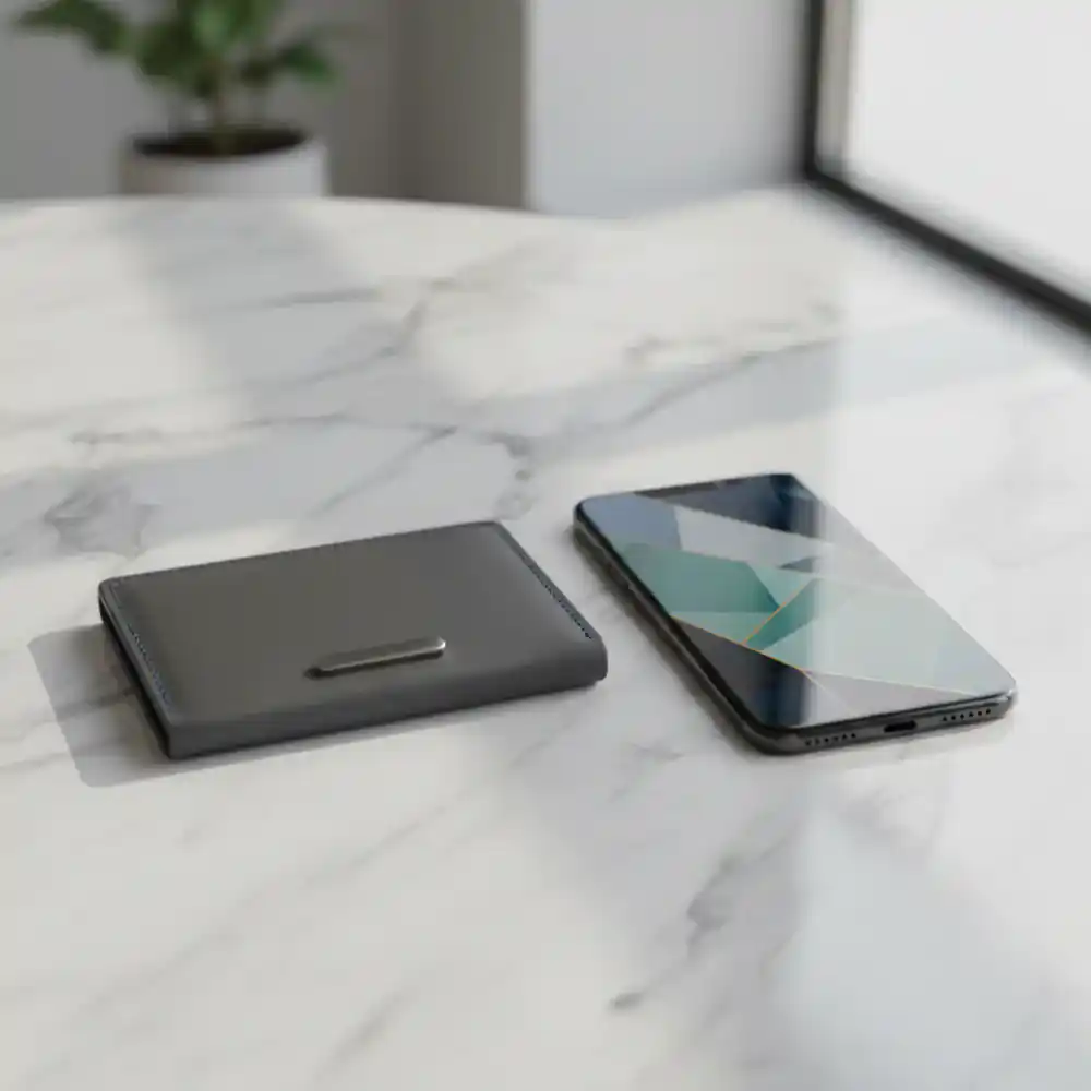 Slim magnetic wallet next to a smartphone on a marble surface