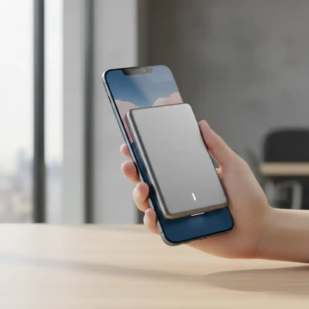 Slim wireless power bank attached to a phone