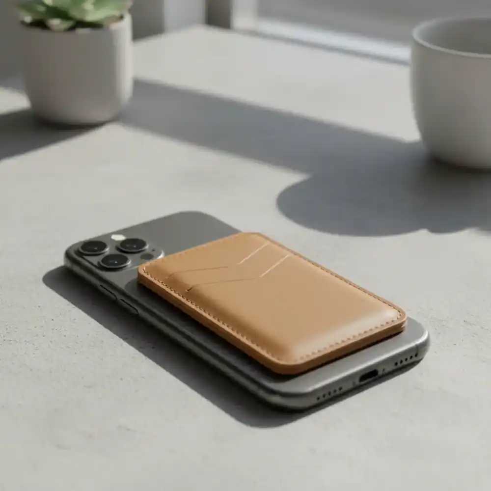 Slim magnetic wallet attached to modern smartphone
