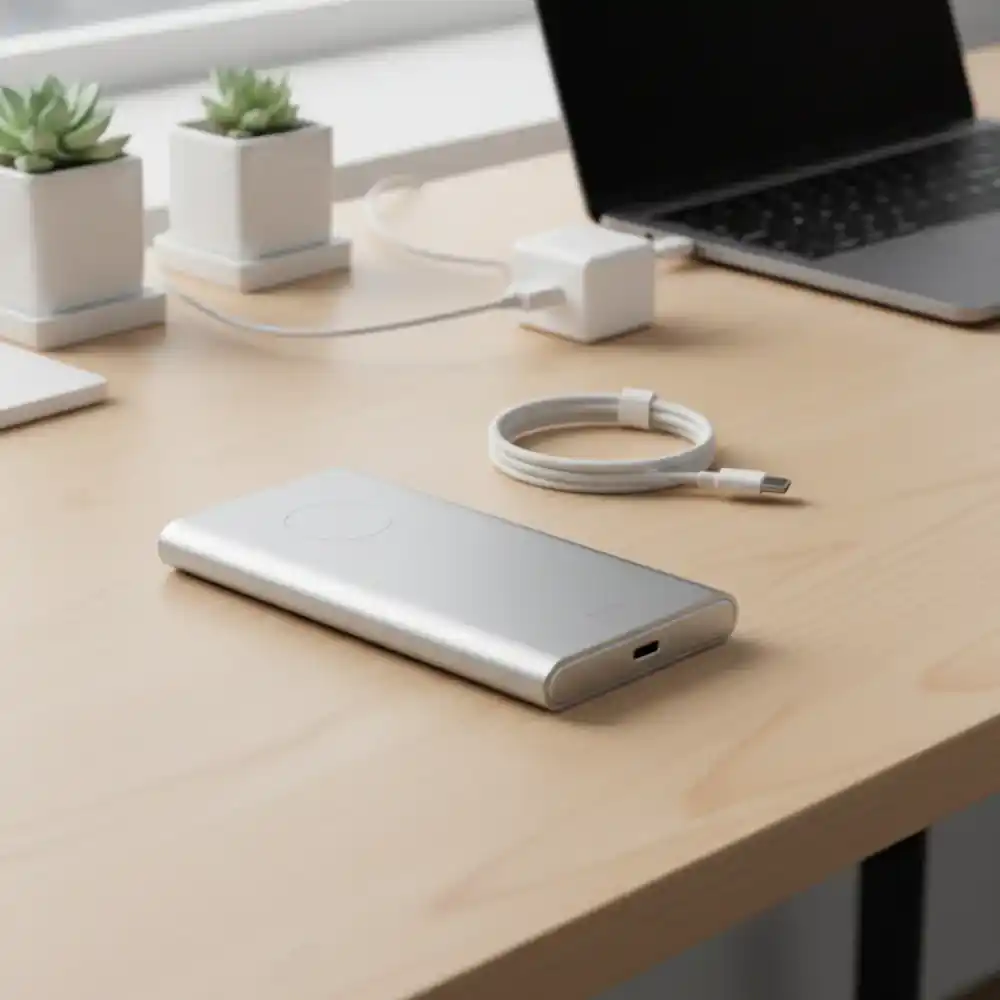 Slim magnetic wireless power bank on desk