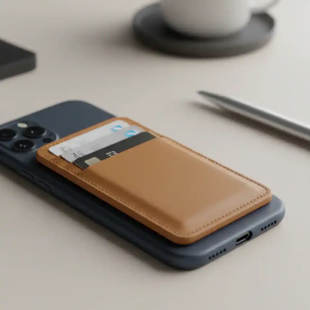 Slim magnetic leather wallet attached to smartphone