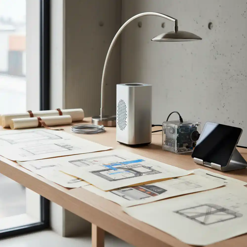 Design sketches and prototypes on a minimal studio desk